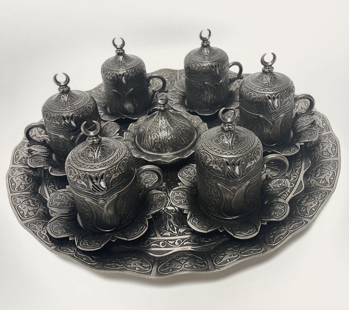 Kávový set, stříbrná patina, půlměsíc+ cukřenka